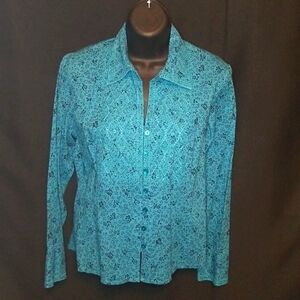 Talbots Long-Sleeve Collared Button-Front Blouse Teal/Navy Size S
